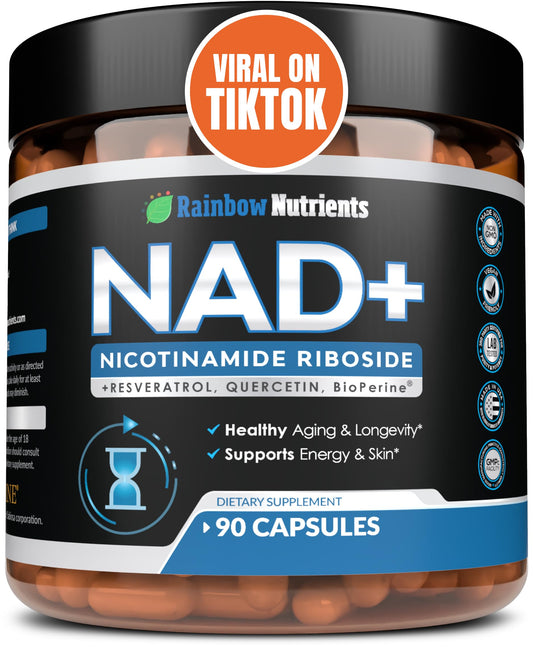 Rainbow Nutrients NAD+ Plus bottle front showing high-absorption formula for daily vitality.