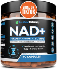 Rainbow Nutrients NAD+ Plus bottle front showing high-absorption formula for daily vitality.