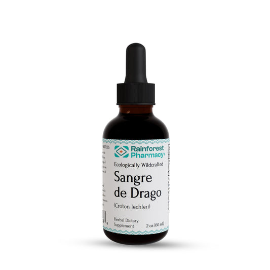 Rainforest Pharmacy Sangre de Drago bottle with dropper for precise dosing used in daily skin and digestive routines.