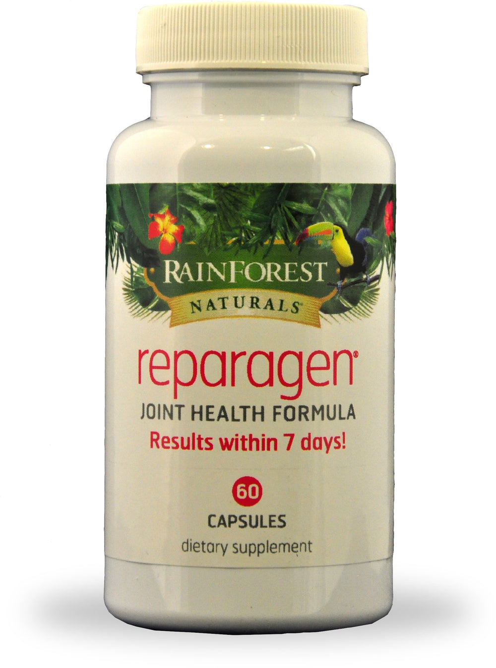 Rainforest Reparagen bottle label highlights Vincaria and RNI-249 for joint health.