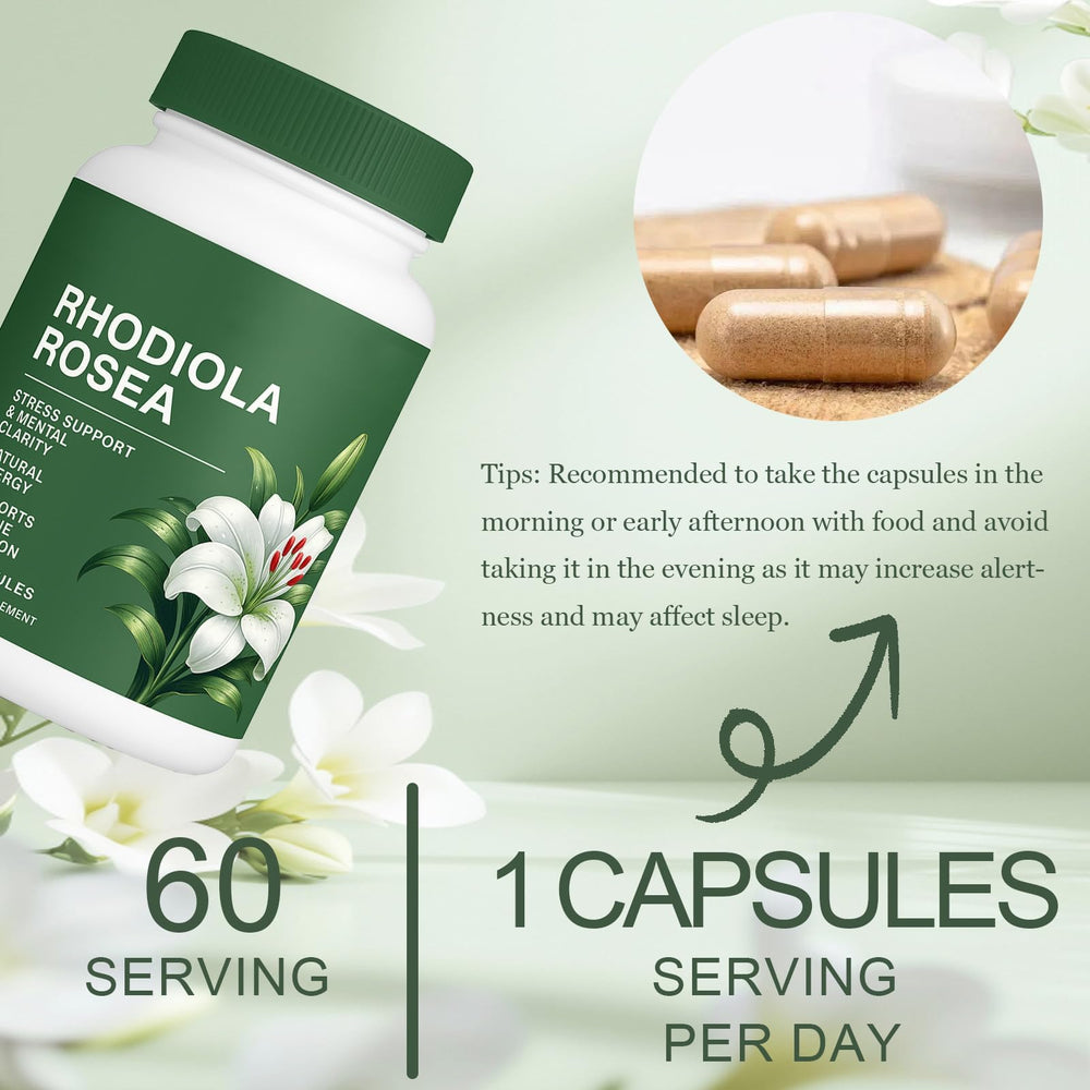Raipult Floraviva Rhodiola capsules on table imply daily routine integration.