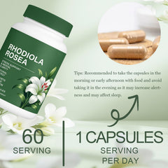Raipult Floraviva Rhodiola capsules on table imply daily routine integration.