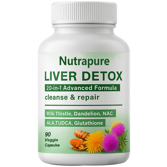 Raipult Liver Detox bottle shows the 20-in-1 blend for daily digestive balance.