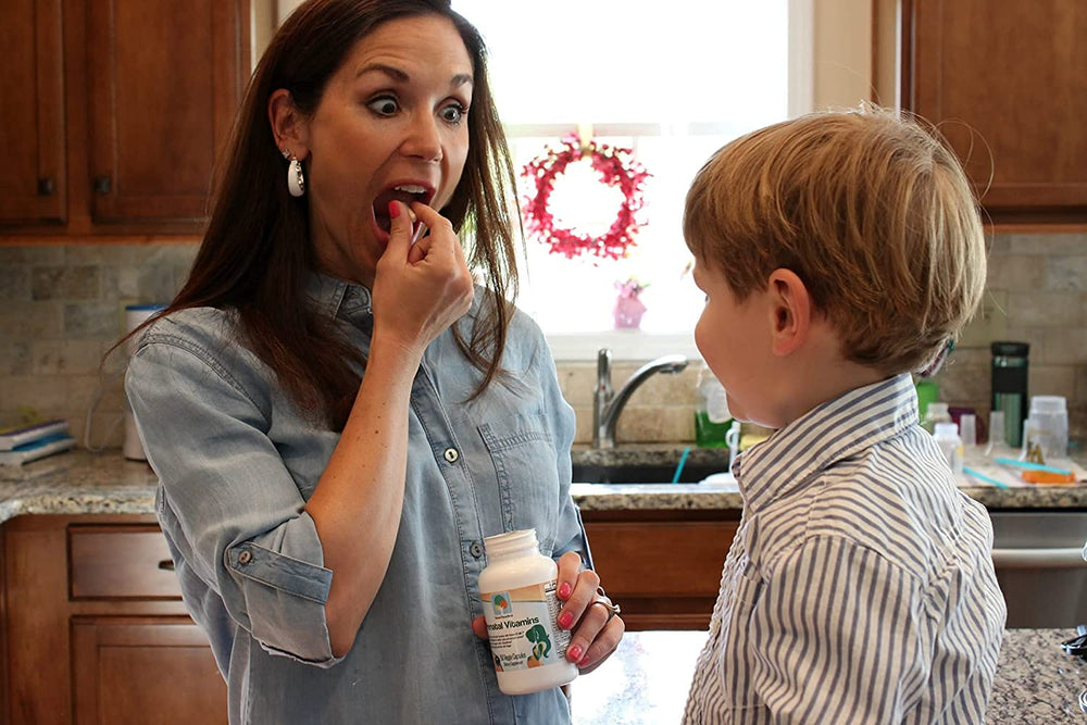 Raise Them Well daily-dose ritual chewable tablet on breakfast table.