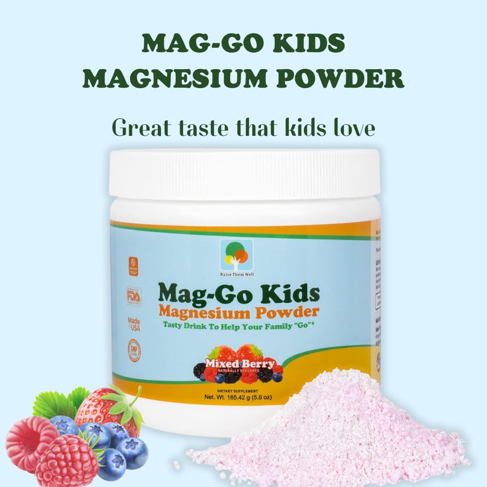 Raise Them Well Mag-Go Kids Magnesium Powder label close-up with physician-developed ingredients