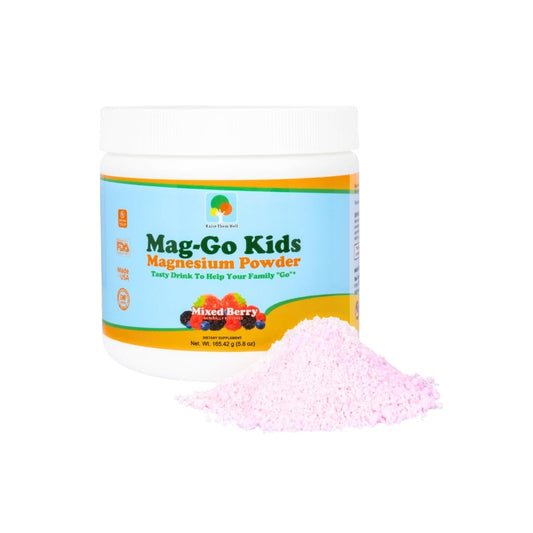 Raise Them Well Mag-Go Kids Magnesium Powder mixed berry bottle for kid-friendly daily use