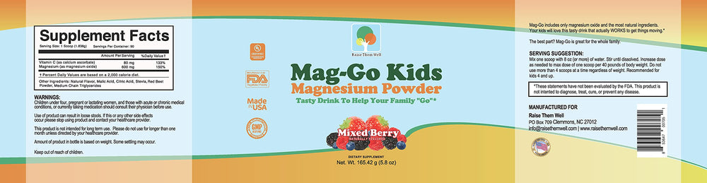 Raise Them Well Mag-Go Kids Magnesium Powder serving scoop showing 90 servings per tub