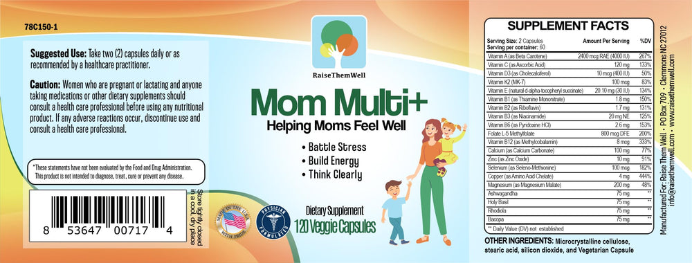Raise Them Well Mom Multi+ GMP badge signals quality and safety.