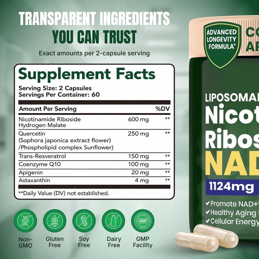 Raitera NAD+ bottle on counter with notebook suggests routine wellness habit