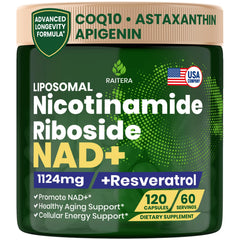 Raitera NAD+ bottle front label highlights NR and antioxidants for daily energy support
