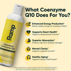 Ramp Nutrition Liposomal CoQ10 Liquid ingredients panel emphasizes natural flavor and allergy-friendly status.
