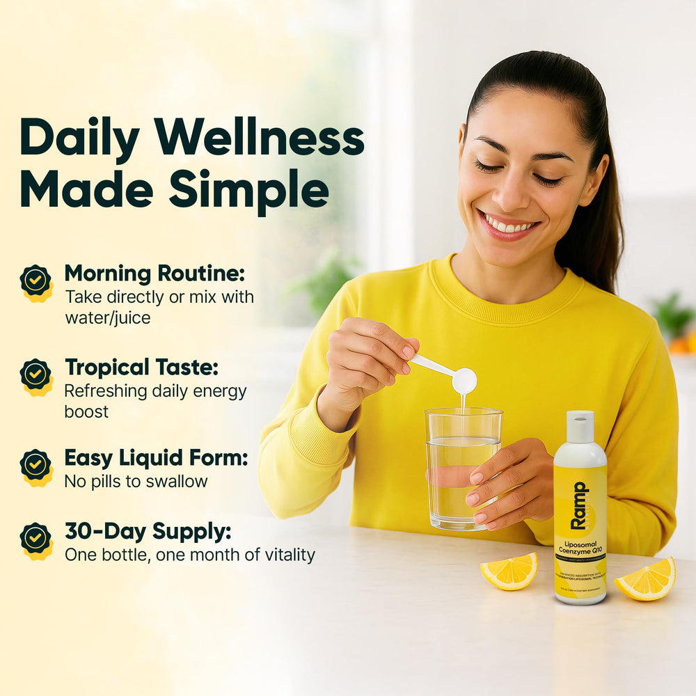 Ramp Nutrition Liposomal CoQ10 Liquid label close-up highlights vegan, non-GMO formula.