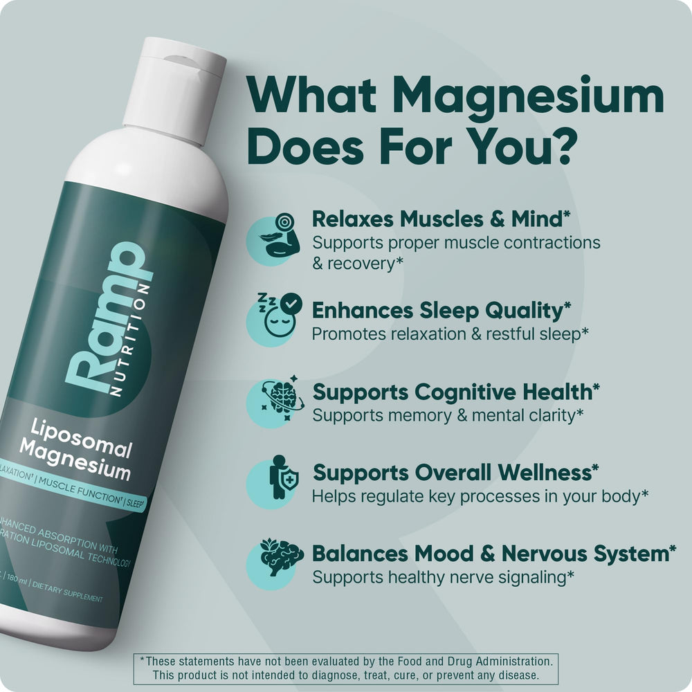 Ramp Nutrition liposomal magnesium pour across glass illustrating easy-take liquid format