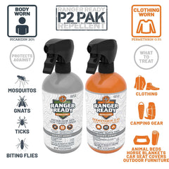 Ranger Ready P2Pak permethrin clothing spray protects gear on contact.