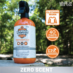 Ranger Ready Permethrin Spray fine mist demonstrates quick, odorless application.