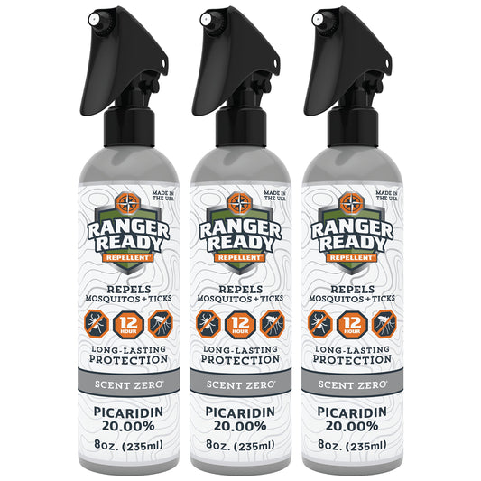 Ranger Ready Picaridin unscented spray shows 360-degree mist for full-body protection on outdoor trails.