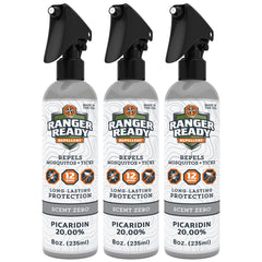 Ranger Ready Picaridin unscented spray shows 360-degree mist for full-body protection on outdoor trails.