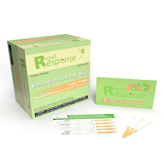 Rapid Response Benzodiazepines test strip with liquid sample for quick screening.