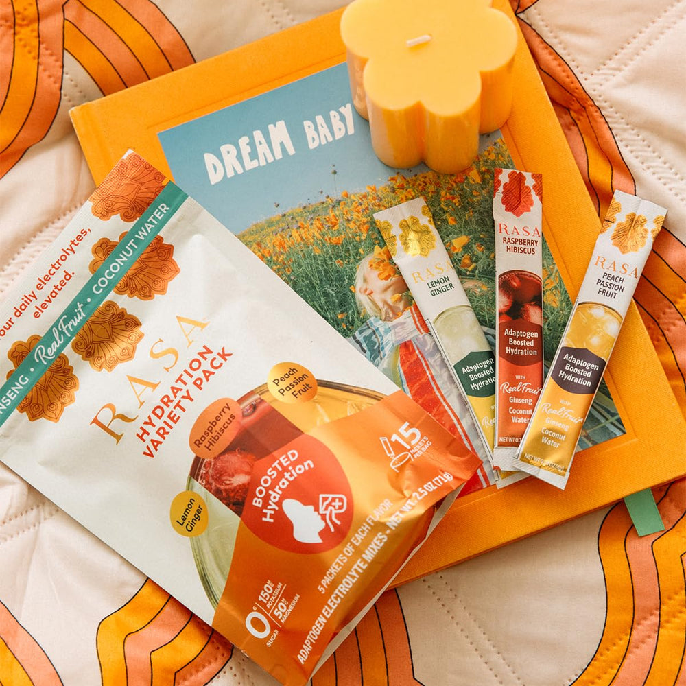 Rasa Hydration Lemon Ginger packet conveys bright flavor and clean hydration without sugar
