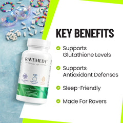 Ravemedy NAC 500mg capsules displayed on the label for antioxidant-support potential.