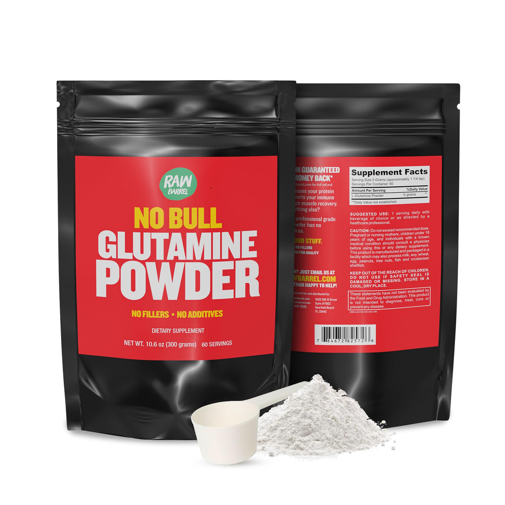 Raw Barrel No Bull L-Glutamine bottle front highlights purity and vegan-friendly traits.