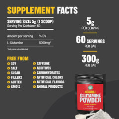 Raw Barrel No Bull L-Glutamine label confirms non-GMO and caffeine-free formula.