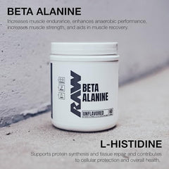 RAW Beta Alanine Powder bottle front highlighting USA-made, pure ingredients