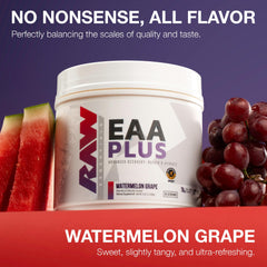 RAW EAA Plus glass with mixed powder showcases hydration and recovery potential.