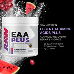 RAW EAA Plus scoop ready to mix into a flavorful watermelon grape shake to support hydration goals.