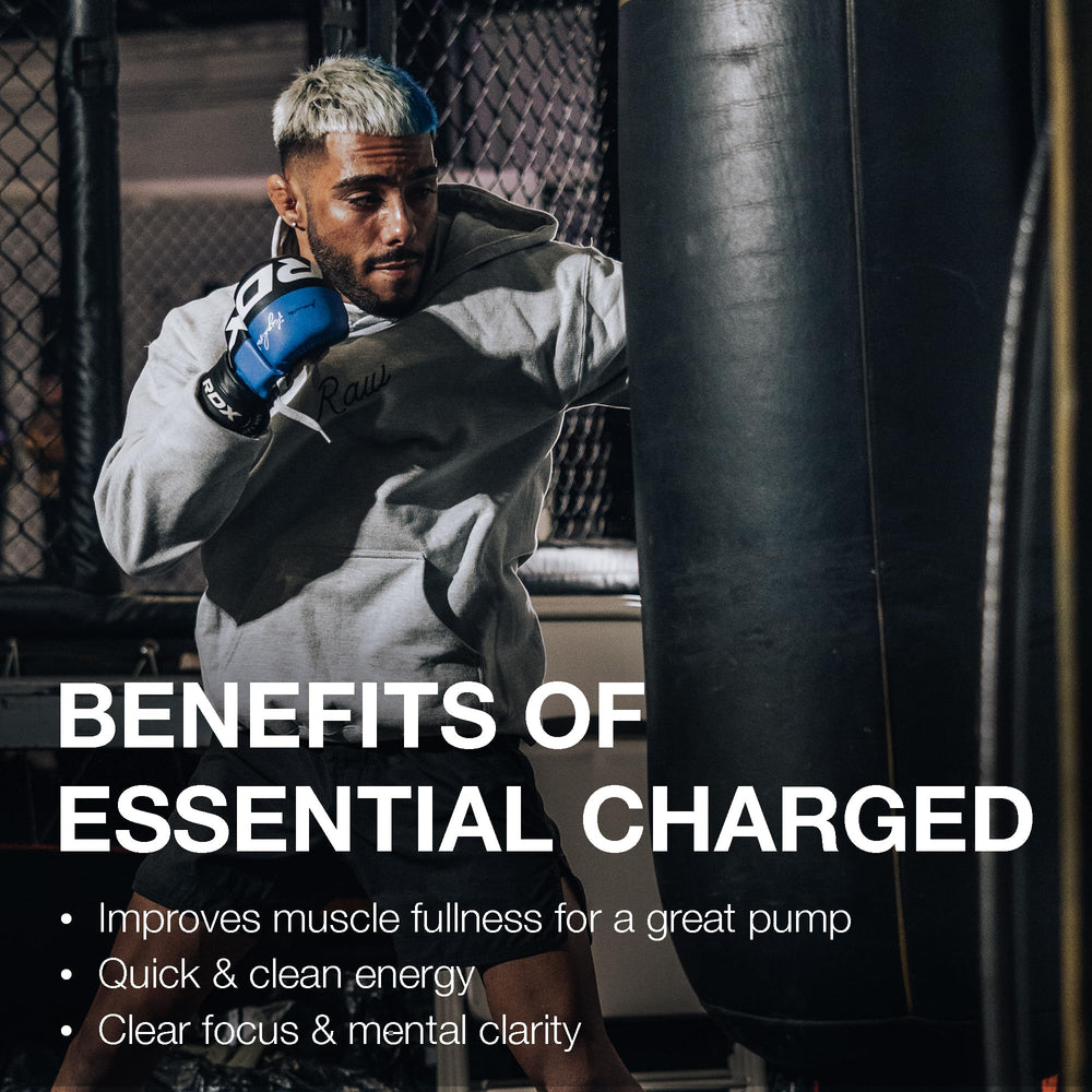 Glass with RAW Essential CHARGED suggesting pre-workout mood and performance support