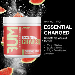 RAW Essential CHARGED Sour Watermelon tub shows premium ingredients for energized workouts