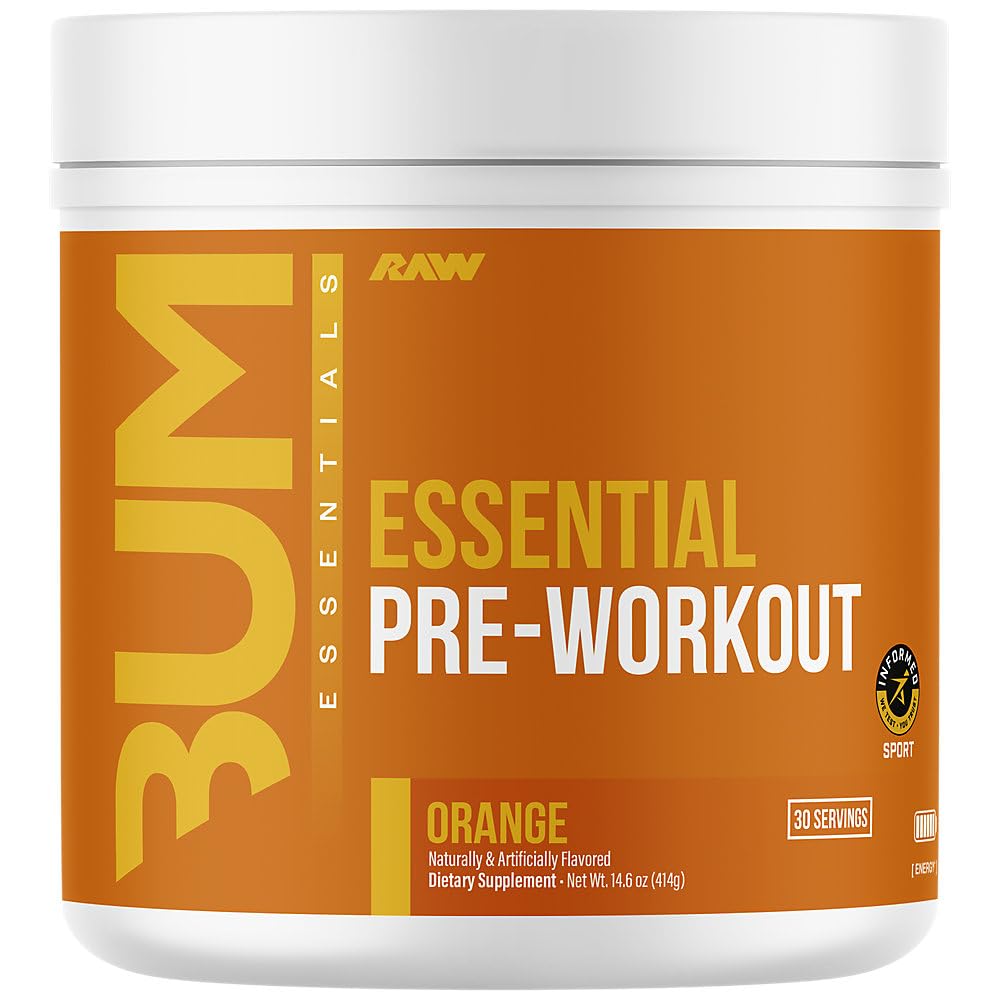 RAW Essential Pre-Workout Orange bottle ready for training, delivering energized focus and steady endurance.
