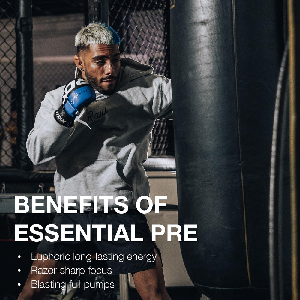 RAW Essential Pre-Workout powder beside gym barbell signaling pumps and extended focus.