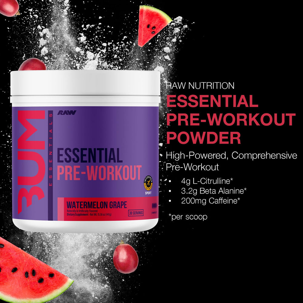 RAW Essential Pre-Workout scoop dissolving in water demonstrates easy mixing and quick use.