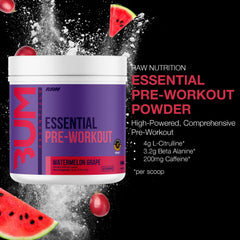 RAW Essential Pre-Workout scoop dissolving in water demonstrates easy mixing and quick use.