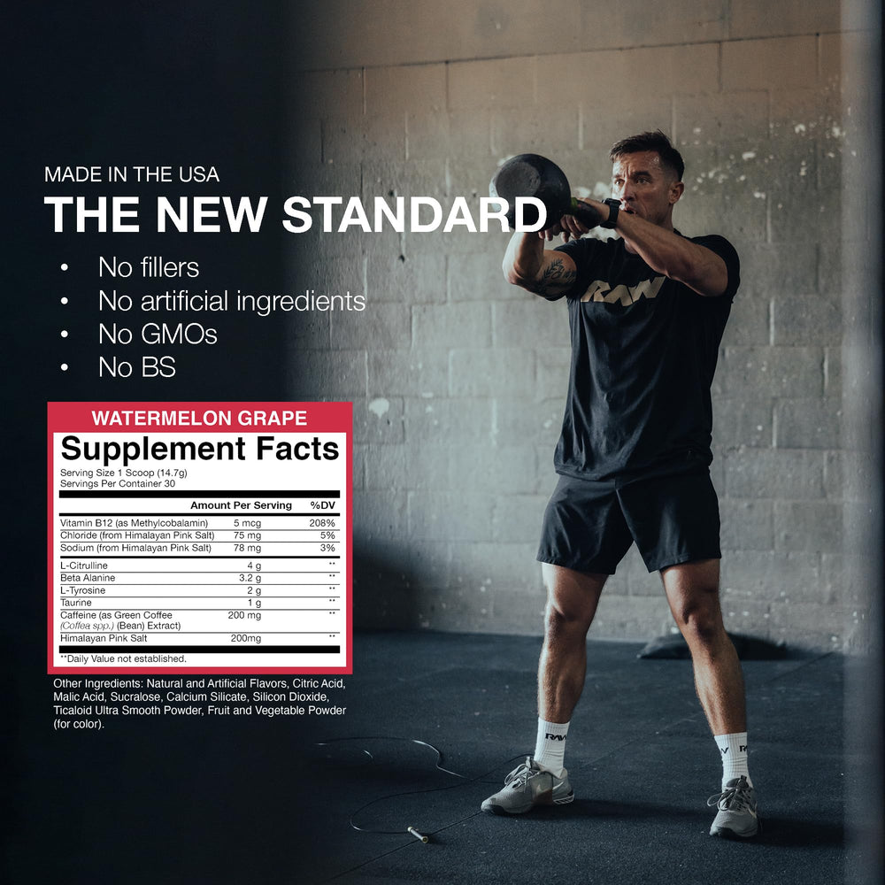 RAW Essential Pre-Workout Watermelon Grape in shaker with ice for cool energy.