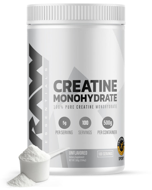 RAW Nutrition creatine monohydrate powder container front shows pure formula for muscle energy.