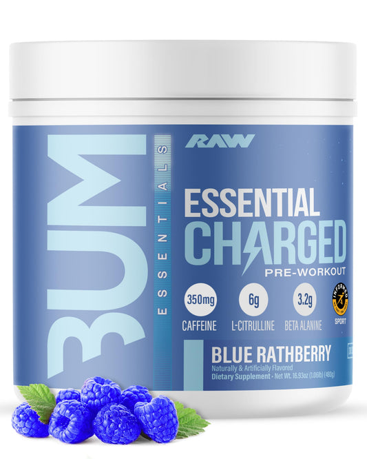 RAW Essential CHARGED Blue Rathberry bottle pour shows quick energy ready for training