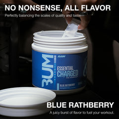RAW Essential CHARGED Blue Rathberry tub label highlights key ingredients