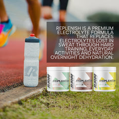 The RAW Replenish lemon lime bottle showcases premium electrolytes for endurance support.