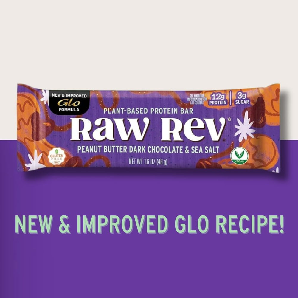 Raw Rev Glo nutrition graphic highlights protein and fiber benefits for active days.