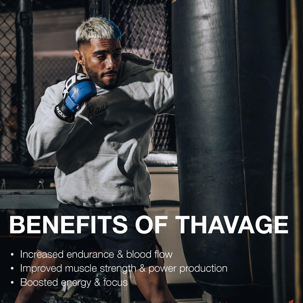 RAW Thavage powder poured into shaker for quick, efficient mix before workouts.