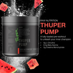 RAW Thuper Pump Sour Watermelon tub label emphasizes non-stimulant benefits