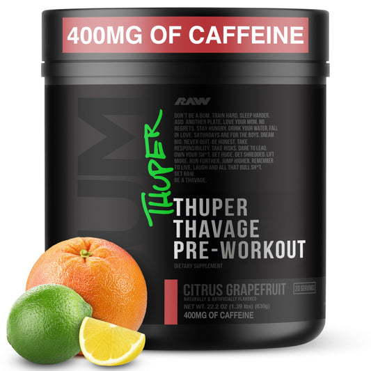 RAW Thuper Thavage pre-workout canister front view for high-energy workouts.