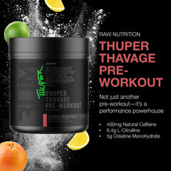 Scoop beside RAW Thuper Thavage canister ready to mix for energy.