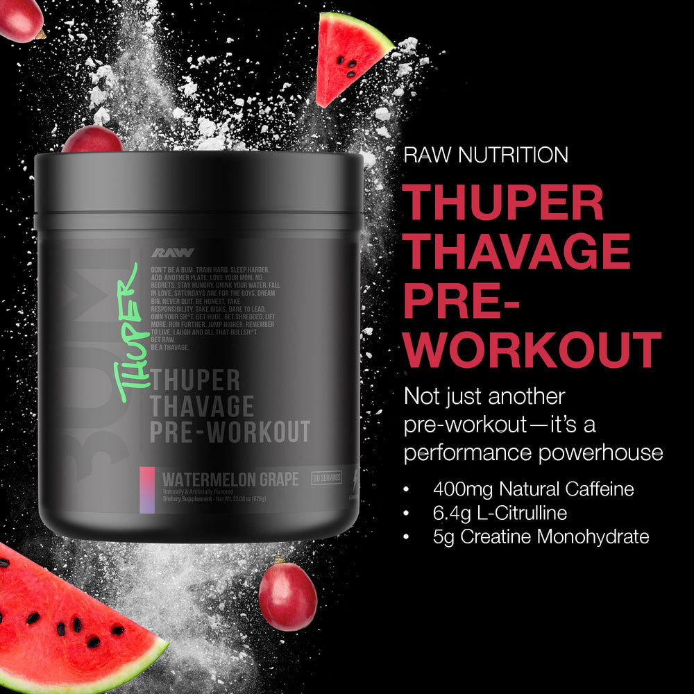 RAW Thuper Thavage pre-workout scoop shows high-stim formula for consistent workouts