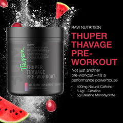 RAW Thuper Thavage pre-workout scoop shows high-stim formula for consistent workouts