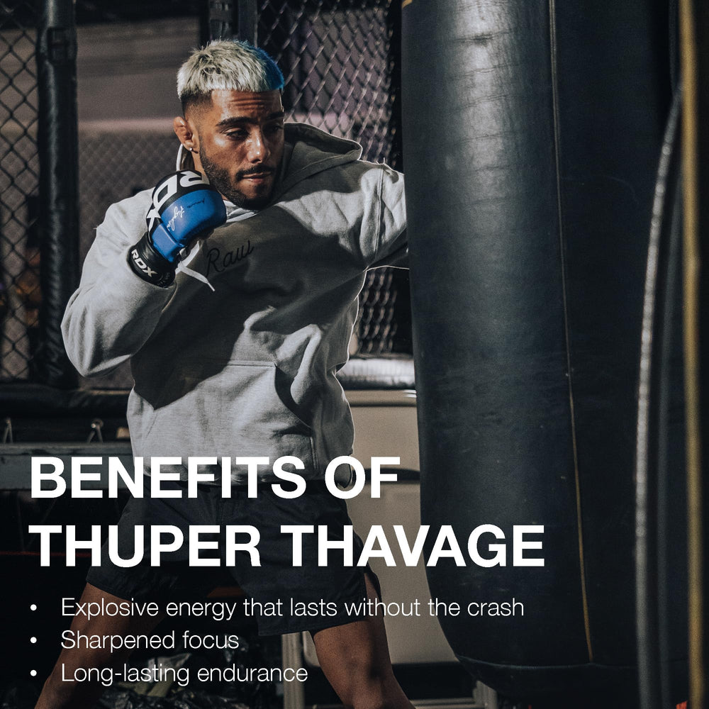 Shaker cup with RAW Thuper Thavage mixed drink ready to train.