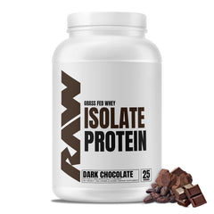 RAW Whey Isolate Protein Powder dark chocolate jar, ideal for post-workout recovery.