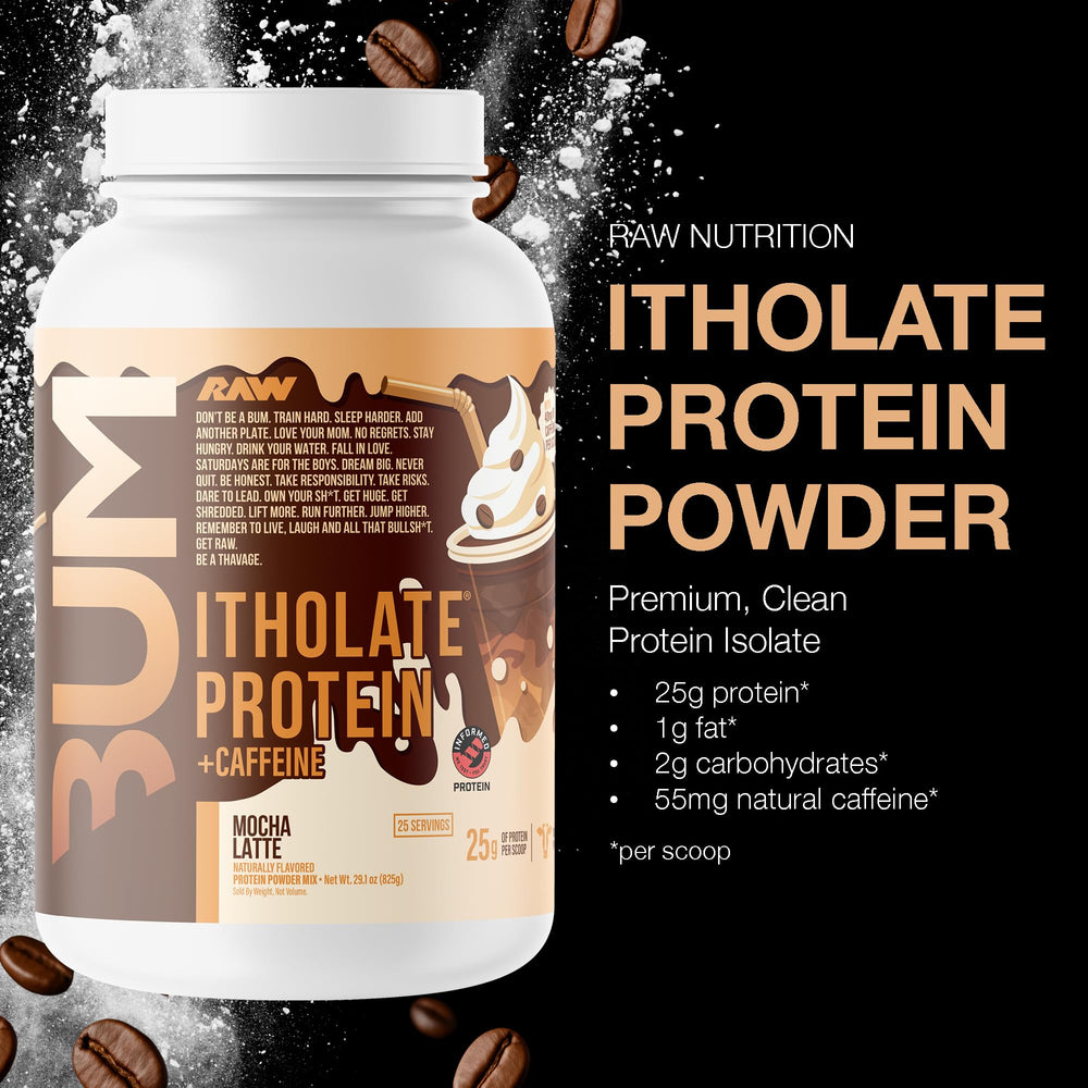 RAW Whey Isolate Mocha Latte powder being poured for post-workout shake